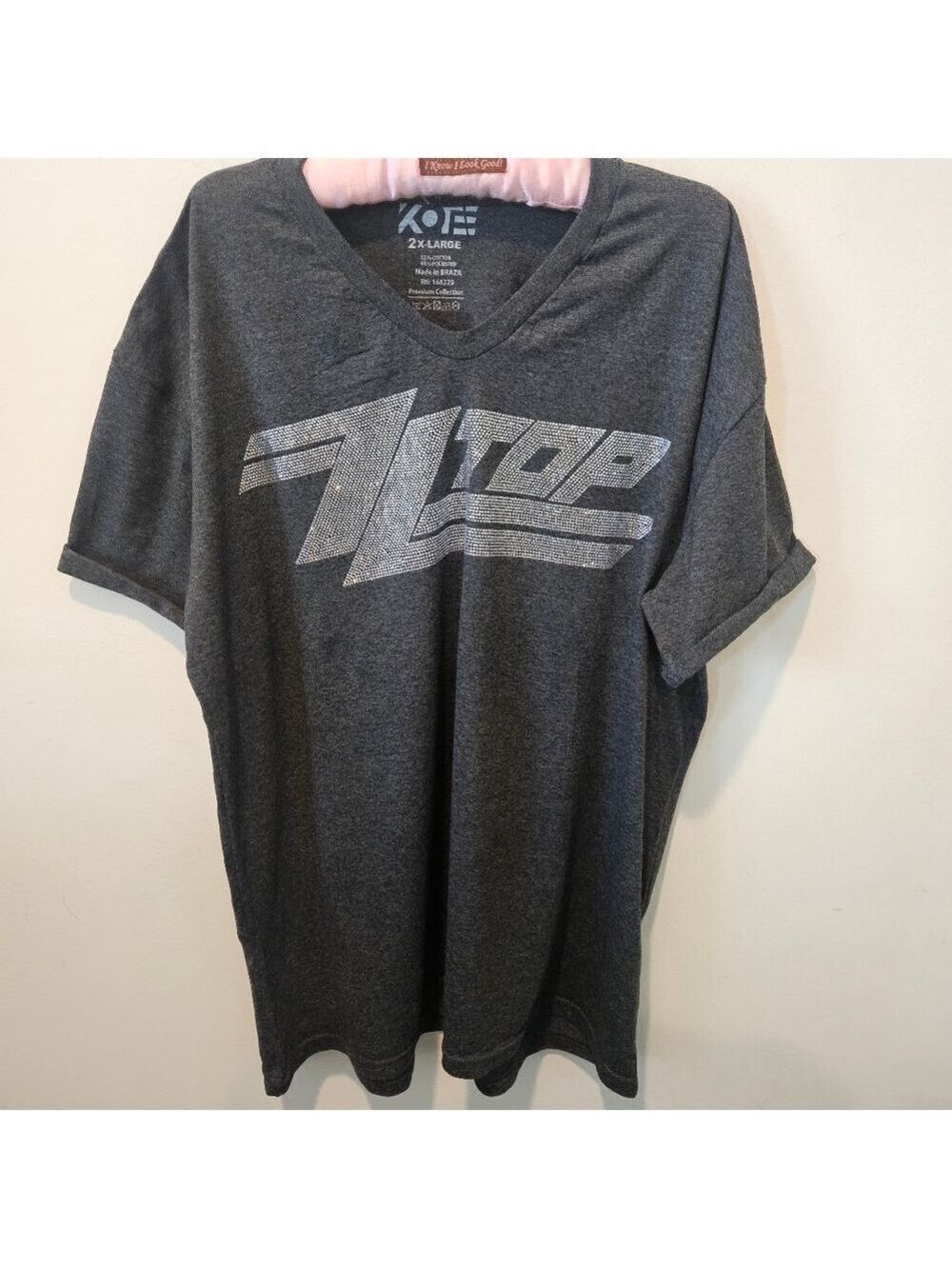 KOE Women's Short Sleeve Grey ZZ TOP In Faux Silver Rhinestones, 2XL